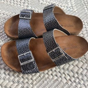 Haflinger Gray/Metallic Silver Slip On Sandals Womens Size 39 or 8.5